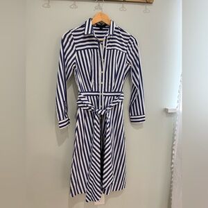 J. Crew Blue and White Striped Long-Sleeve Shirt Dress with Tie Waist